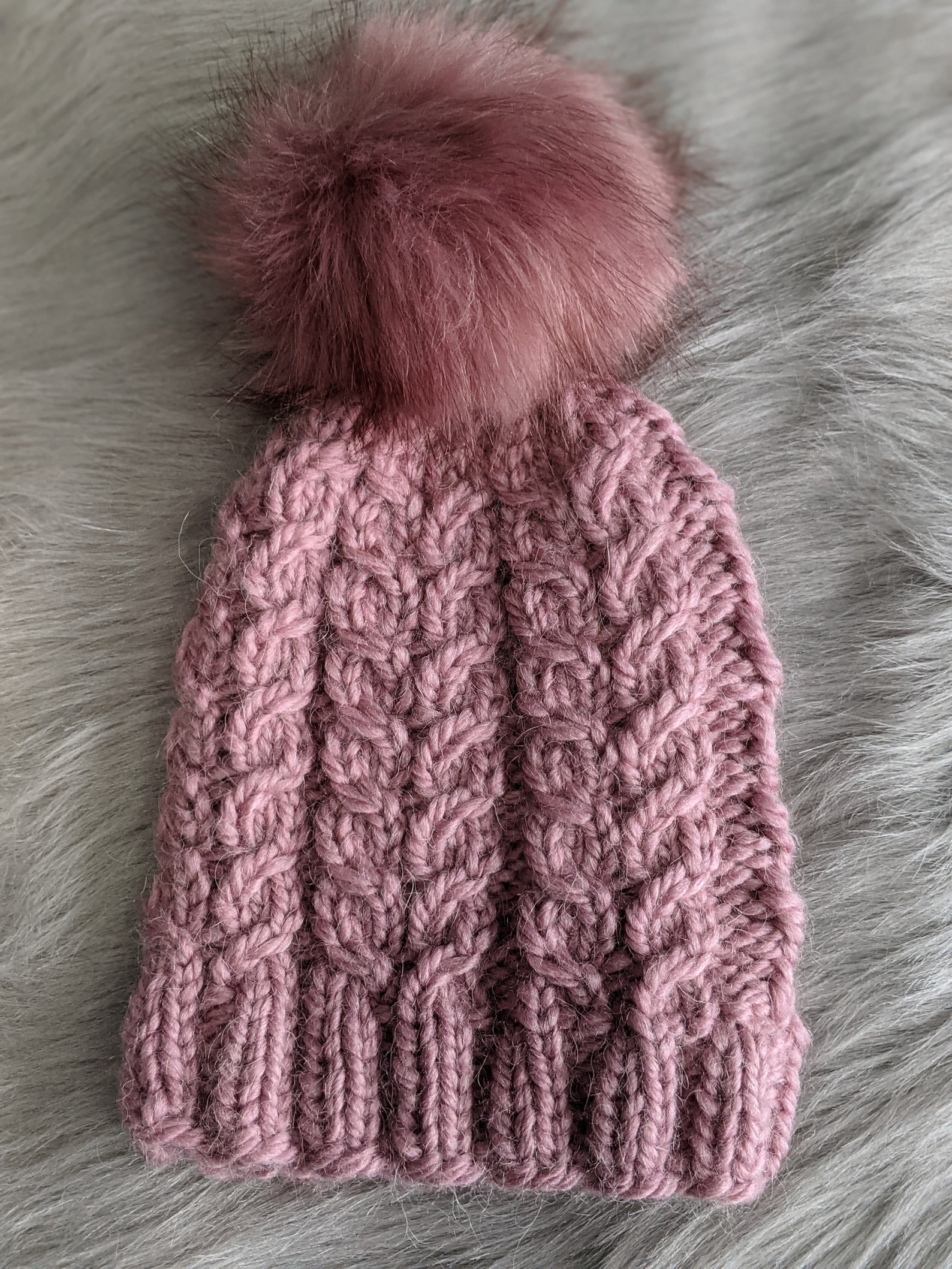 Hand Knit Pink Chunky Hat Toque with Faux Fur Pom. Etsy