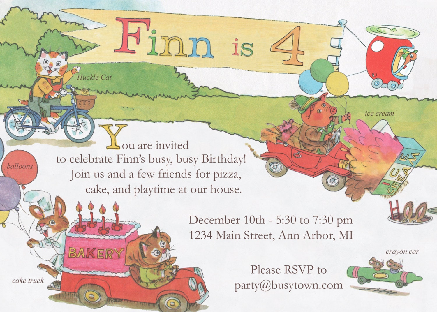 Printable Richard Scarry Busytown Birthday Invitation - Customized digital file - 5 x 7
