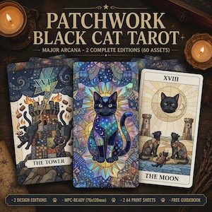 Pode incluir: Um baralho de tarot Patchwork Black Cat com três cartas em estilo vitral. As cartas mostram A Torre, um gato central e A Lua. O texto inclui PATCHWORK BLACK CAT TAROT, MAJOR ARCANA, 2 COMPLETE EDITIONS, 60 ASSETS.