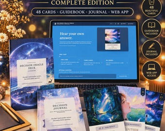 May include: The Decision Oracle Deck Complete Edition includes a guidebook, a journal, and 48 cards. A laptop displays the web app interface. The guidebook and journal feature celestial cover art. Three cards are displayed, labelled The Root, Outside Voice, and The Blindspot.