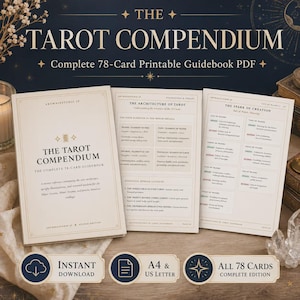 May include: A printable tarot guidebook titled The Tarot Compendium, featuring a cover page and two interior pages with text about tarot card meanings, elements, and spreads. The document is formatted for A4 and US Letter sizes as a digital download.