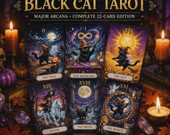 May include: A Halloween Black Cat Tarot deck featuring 22 Major Arcana cards with illustrations of black cats in witch hats. The cards display titles like The Fool, The Magician, The Sun, Death, The Moon, and The World. Text includes MPC-Ready 70x120mm.