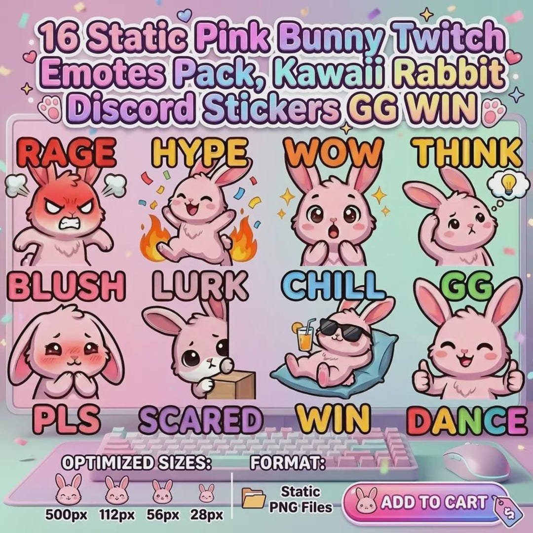 16 Static Pink Bunny Twitch Emotes Pack, Kawaii Rabbit Discord Stickers ...