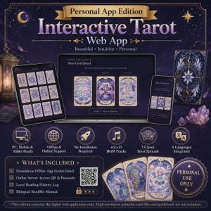 May include: A digital interactive tarot web app displayed on a laptop, tablet, and smartphone. The interface features purple and gold celestial themes with tarot card graphics. Includes icons for device compatibility, offline support, and music tracks.
