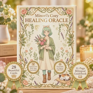 May include: A rectangular box for Minori's Cozy HEALING ORACLE deck featuring an illustration of a person holding flowers with a cat. The box includes text about 28 cards, an interactive web app, printable digital files, and a 31-page bilingual guidebook.