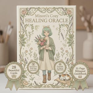 May include: A rectangular box set titled Minori's Cozy HEALING ORACLE featuring an illustration of a person holding flowers with a cat nearby. The box includes 28 beautiful cards, an interactive web app, a 31-page bilingual guidebook, and printable digital files.