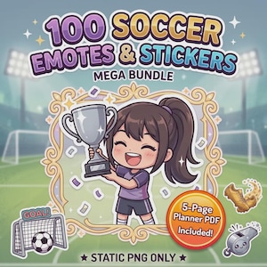 May include: A digital graphic bundle titled 100 SOCCER EMOTES & STICKERS MEGA BUNDLE featuring a cartoon character holding a silver trophy inside an ornate gold frame, with additional football-themed icons like a goal, whistle, and boots.