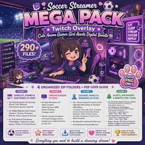 Może przedstawiać: Cyfrowy pakiet zasobów do streamowania na Twitchu o tematyce piłkarskiej z postacią anime, zawierający ponad 290 plików w czterech folderach, w tym nakładki, ekrany, panele kanału, alerty, odznaki subskrybenta oraz emotikony.