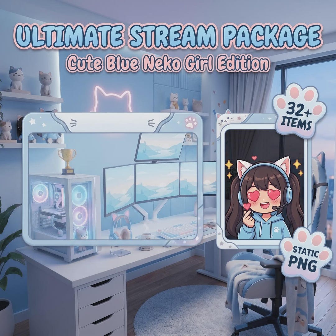 32 Blue Neko Girl Twitch Stream Package Overlays Panels Emotes Vtuber ...