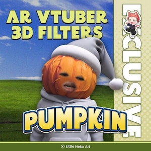 May include: A digital graphic featuring the text AR VTUBER 3D FILTERS and PUMPKIN. The central figure is a 3D character with a pumpkin head wearing a grey hooded sweatshirt and a matching grey nightcap against a blue sky and green field background.