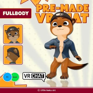 Op de afbeelding: Een cartoon otter karakter met een blauwe jas en een zwarte pet. De afbeelding bevat de tekst "PRE-MADE VR CHAT" en "FULLBODY". Extra graphics tonen het gezicht en profiel van het karakter. De afbeelding is voor PC en Quest.