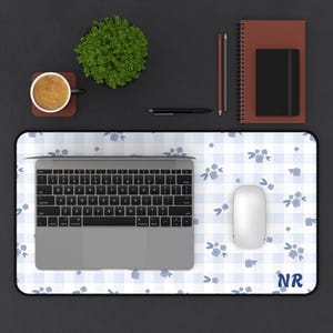 Blue Gingham Floral Pattern Desk Mat | Personalized Monogram Corner