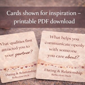 May include: Two square cards from a dating and relationship reflection deck. The cards have questions such as "What qualities first attracted you to your partner?" and "What helps you communicate openly with someone you care about?" The cards are tan with a heart design.