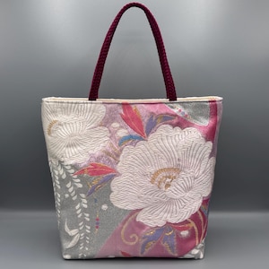 Kimono, obi, obi sash, handmade tote bag with bottom board, repurposed, six-panel patterned fukuro obi, brocade, floral pattern, peony, gold and silver thread.