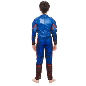 May include: A blue and red superhero costume. The costume features a shiny blue top with red accents on the shoulders and sleeves. The matching pants have a blue and red pattern. The costume is designed for children.