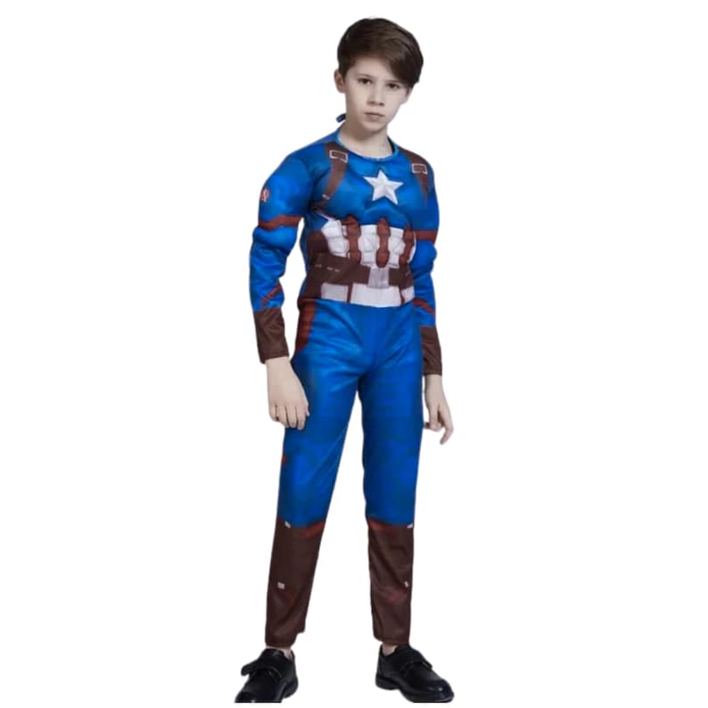 May include: A blue Captain America costume with a white star on the chest. The long-sleeved top has brown accents and a brown belt design. The costume includes blue pants and brown boots. The child is wearing black shoes.