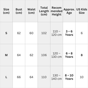 May include: A size chart for children's clothing, with measurements in centimeters. The chart includes sizes S, M, and L, with corresponding bust, waist, and total length measurements. It also lists recommended height, approximate age, and US kids' size.