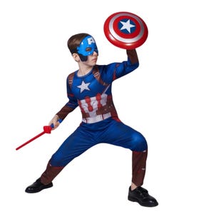 May include: A Captain America costume set, featuring a blue and red jumpsuit, a matching mask, and a shield. The shield is red with a white star and blue accents. The costume includes a red sword. The child is wearing black shoes.