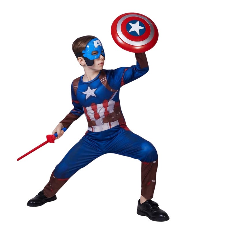 May include: A Captain America costume set, featuring a blue and red jumpsuit, a matching mask, and a shield. The shield is red with a white star and blue accents. The costume includes a red sword. The child is wearing black shoes.