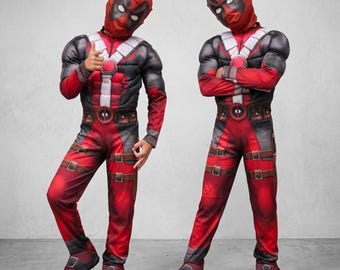 Kids Red Black Hero Costume | Padded Muscle Superhero Suit with Mask | Halloween Cosplay Outfit