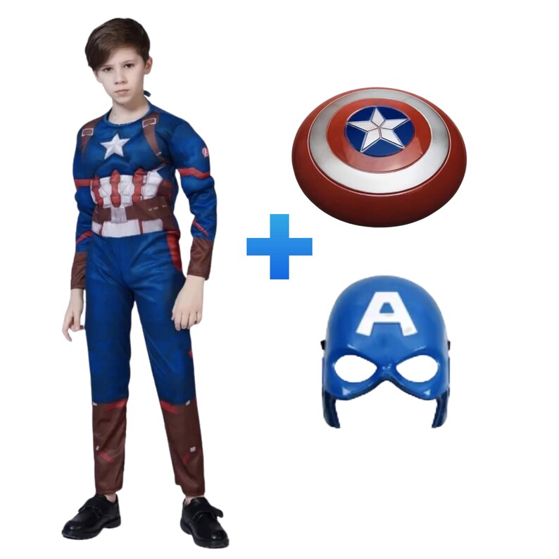 May include: A Captain America costume set, including a blue and red jumpsuit, a shield, and a mask. The shield is red with a white star and silver trim. The mask is blue with a white "A".