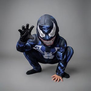 May include: A blue and black Venom costume with a hood, white eye details, and a red-toothed grin. The costume includes a full body suit and black gloves. The person is crouching with one hand raised.