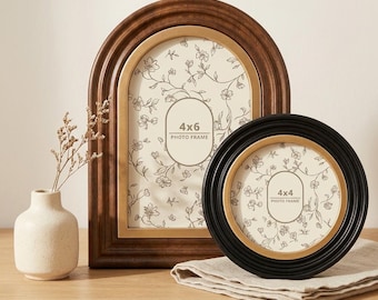 Walnut wood texture, matte black with gold trim arch frame, vintage luxe 4x6 4x4 dual size cottage home wall deco