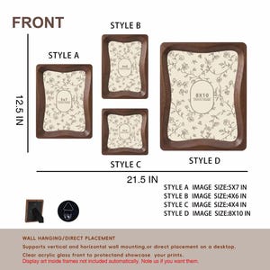 May include: Four dark wood photo frames labeled Style A, B, C, and D with wavy inner edges and cream-colored floral inserts. Text indicates image sizes of 5x7, 4x6, 4x4, and 8x10 inches. Includes a back view with a stand and a wall hanging hook.