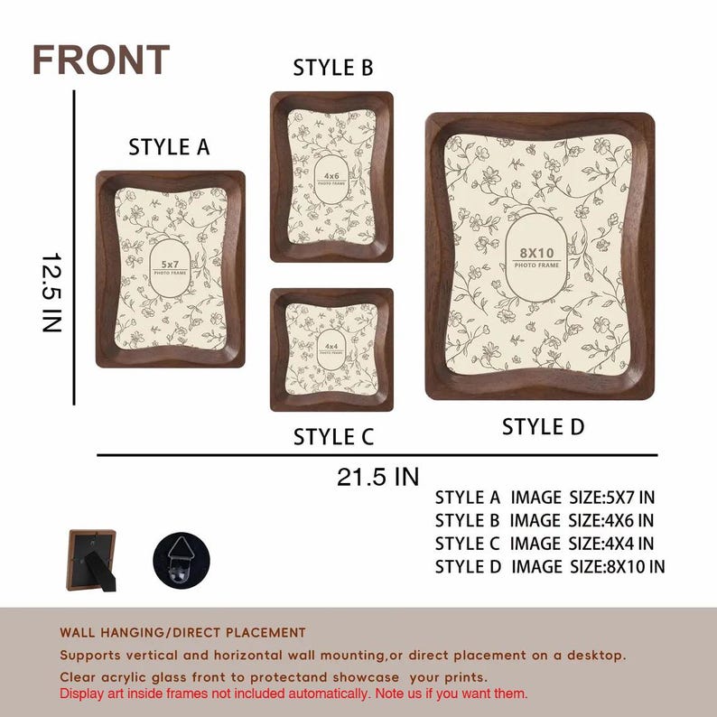 May include: Four dark wood photo frames labeled Style A, B, C, and D with wavy inner edges and cream-colored floral inserts. Text indicates image sizes of 5x7, 4x6, 4x4, and 8x10 inches. Includes a back view with a stand and a wall hanging hook.
