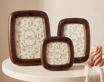 Vintage Walnut Picture Frame Set, Rounded Corner Wood Photo Frames 4x4 4x6 5x7, Rustic Farmhouse Gallery Wall Decor, Boho Tabletop Display