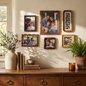 Walnut Vintage Gallery Wall Picture Frame Set, Mixed Beaded & Rope Twist Shapes with Photo Booth Strip Frame for Family Photos and Keepsakes