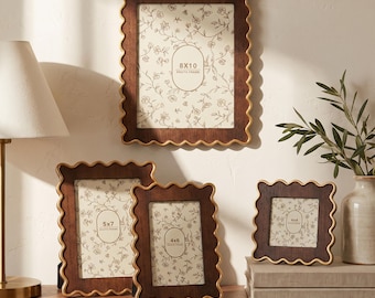 Scalloped Walnut Picture Frame With Gold Trim, Wavy Wood Photo Frame 4x4 4x6 5x7 8x10, Diploma Certificate Frame 8.5x11 11x14 Wall Art Decor