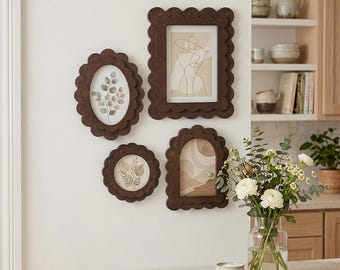 Scalloped Wavy Wooden Picture Frame Set, Vintage Arch Oval Photo Frame, Gallery Wall Frame Set 4x4 4x6 5x7, Available Single or Set
