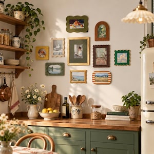 May include: A kitchen wall gallery featuring ten assorted framed art prints in various shapes and sizes, including rectangular, square, and arched frames, displayed above a wooden countertop with kitchenware, plants, and storage jars.
