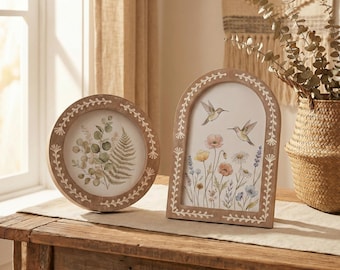 Boho Wooden Photo Frame – Round 4x4 & Arch 4x6 Picture Frame – Vintage Folk Art Decorative Frame – Sold Individually or Set of 2
