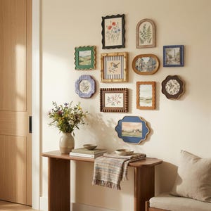 Pode incluir: Uma coleção de obras de arte emolduradas em várias formas e tamanhos, dispostas em uma parede creme. As molduras apresentam estampas botânicas e paisagísticas, com cores verdes, azuis e marrons. Uma mesa de console de madeira com um vaso de flores e itens decorativos está em primeiro plano.