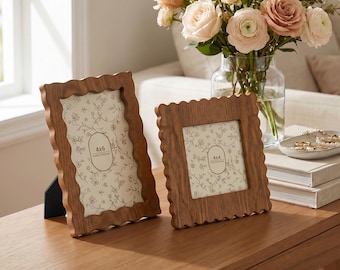 Solid Wood Picture Frame, Scalloped Wooden Photo Frame, Single Frame or Set of 2, Handcrafted Wood Desk Decor, 4x4 4x6 Frame