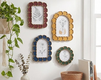 Solid Wood Picture Frame, Handcrafted Colorful Photo Frame, Artisan Scalloped Frame, Vintage Wood Decor, 4x4 4x6 5x7 Frame