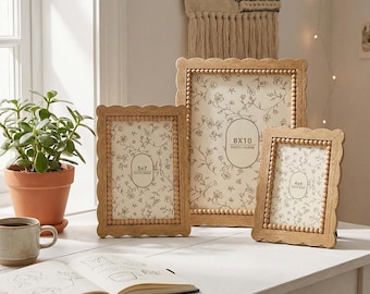 Marco de fotos de madera con cuentas festoneadas estilo bohemio, marco rústico para fotos, marco de pared y mesa de 4x6, 5x7 y 8x10 pulgadas, decoración de estilo granja, marco individual o conjunto de galería.