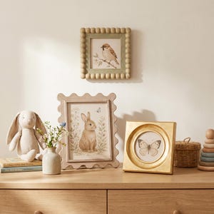 May include: A collection of decorative items including a square frame with a beaded edge containing a bird print, a scalloped frame with a rabbit print, a gold circular frame with a butterfly print, a plush rabbit toy, and a small vase with flowers.