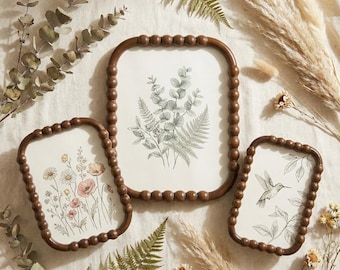 Walnut Beaded Picture Frame, Vintage Rustic Botanical Decor, Choose 4x6 5x7 8x10 or Set of 3, Bobbin Wood Frame