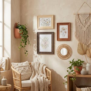 Peut inclure: Intérieur chaleureux avec des cadres d'art botanique, un miroir en osier et une tenture murale en macramé. Un fauteuil en rotin avec un coussin et une couverture en tricot est placé près d'une table d'appoint en bois avec une plante en pot. Ambiance naturelle et texturée.