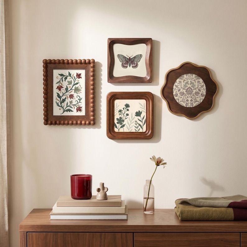May include: A collection of framed art pieces with botanical and butterfly illustrations. The frames are made of dark wood and vary in shape. A red candle, small vase, and stacked books sit on a wooden surface below the art.