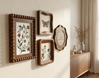Walnut Wood Picture Frame Set, Vintage Mixed Shape Beaded Scalloped Wavy Frames,Single or Set of 2/3/4, 4x4 4x6 Boho Farmhouse Gallery Wall
