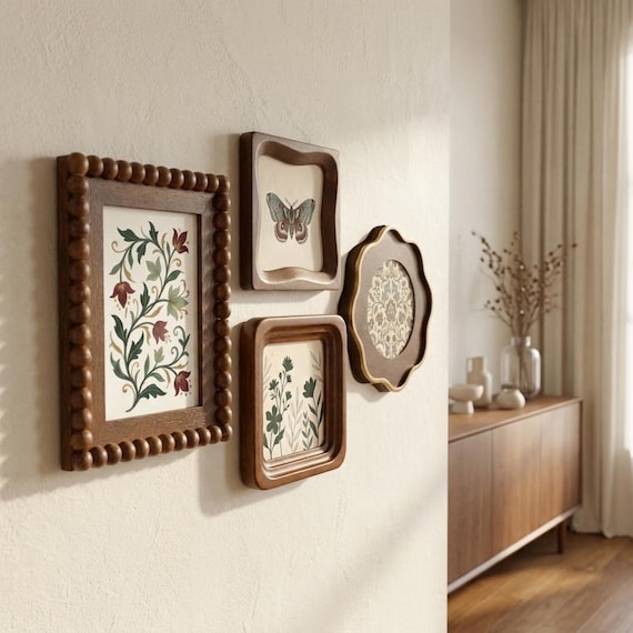 Scalloped Wood Picture Frame, Vintage Style Walnut Wave Frame For Gallery Wall, 4x4 4x6 Walnut Wall Decor Frame, Unique Housewarming Gift