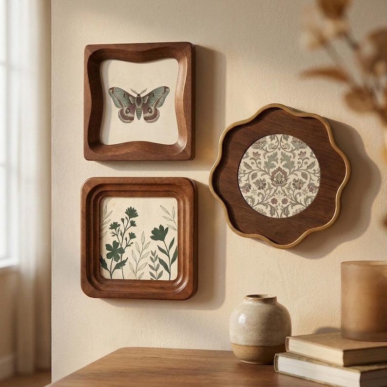 May include: Three wooden picture frames with botanical and insect prints. The frames are various shapes, including a wavy square and a scalloped circle. The prints feature a butterfly, floral patterns, and botanical illustrations. The frames are mounted on a neutral-colored wall.