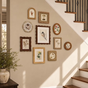 Wood Picture Frame Set, Vintage Multi Shape Assorted Gallery Wall Frame, 4x4 4x6 5x7 Wavy Beaded Picture Frames For Staircase Hallway Decor