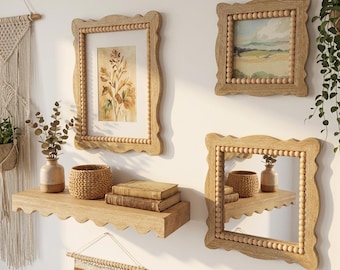 Scalloped Wood Picture Frame with Beaded Trim – Vintage Natural Oak Wall Frame 4x6 6x8 4x4, Rustic Farmhouse Decor