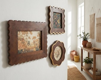Vintage Wood Picture Frame Set, Scalloped Walnut Photo Frames for Gallery Wall, Boho Wall Decor, Rustic Farmhouse Art Frames (4x4, 4x6)