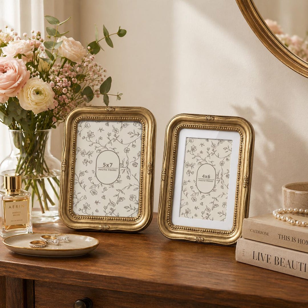 Vintage Ornate Antique Gold Photo Frame | 5x7 4x6 Beaded Picture Frame Set | Embossed Scalloped Frame | Retro Home Decor